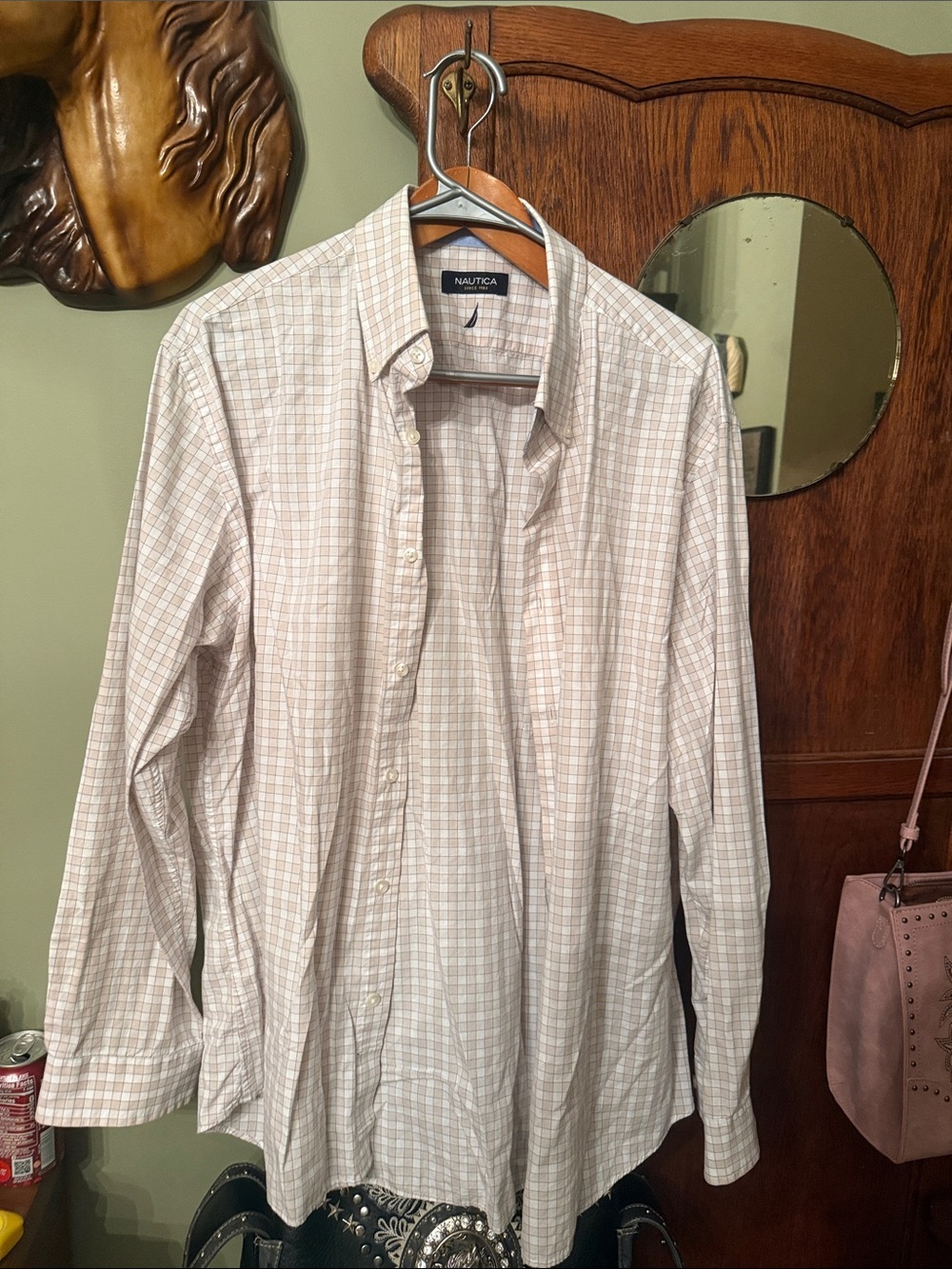 Nautica Men's Long-Sleeve Plaid Button-Up Shirt in Light Pink and White